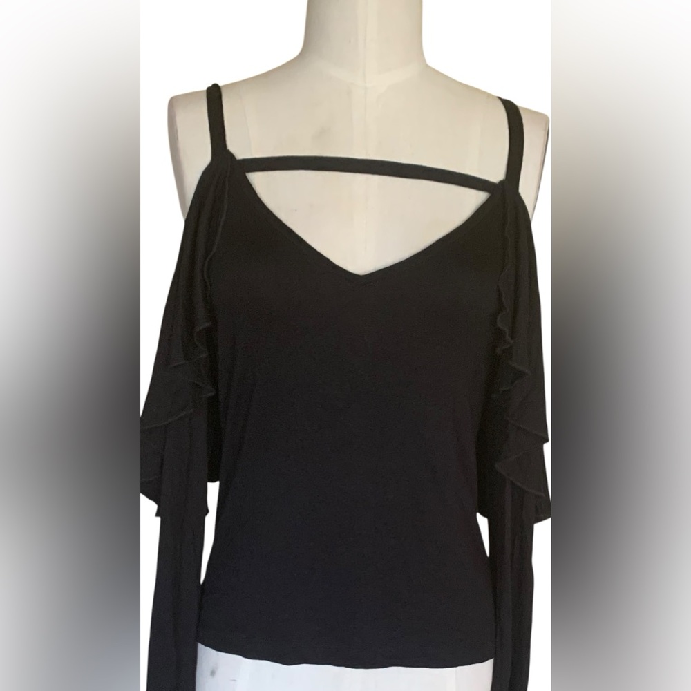 Chelsea Sky Black Straps Off The Shoulder long sleeve Blouse Medium